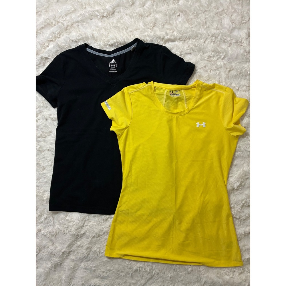 LOT Women's Athletic Shirt Adidas & Under Armour Yellow HeatGear Black V-Neck M